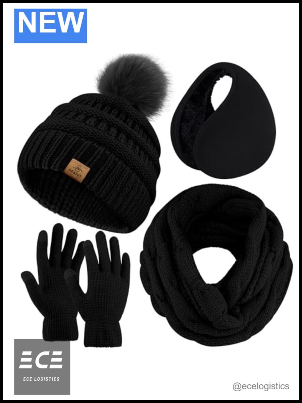 URATOT Acrylic Winter Warm Set Knitted Scarf Beanie Touch Screen Gloves Ear Muff